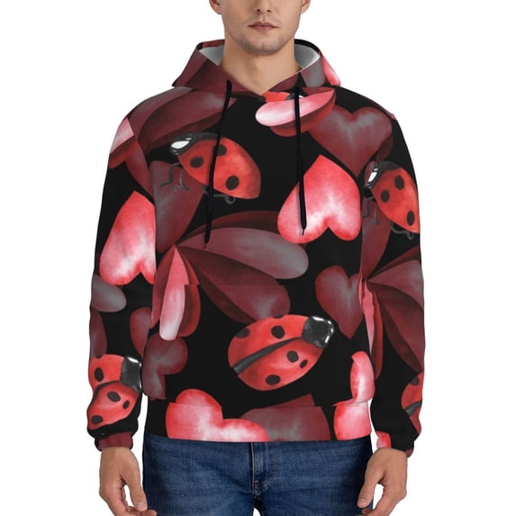 Wukai Ladybugs and Red Hearts Print Men Hoodies Fleece Sweatshirts Long Sleeve Sweaters Pullover Fall Outfits Winter Clothes-XX-Large