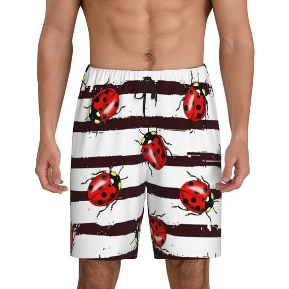 Wukai Ladybugs on Black and White Striped1 Men’s Short Pajama Pants With Pockets Soft Sleep Pj Shorts for Men-Medium