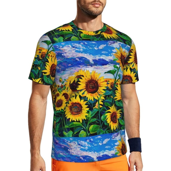 Wukai Landscape With Sunflowers Print Men's Short-Sleeved Mesh T-Shirt,Quick-Dry Short Sleeve Workout T-Shirt-X-Small