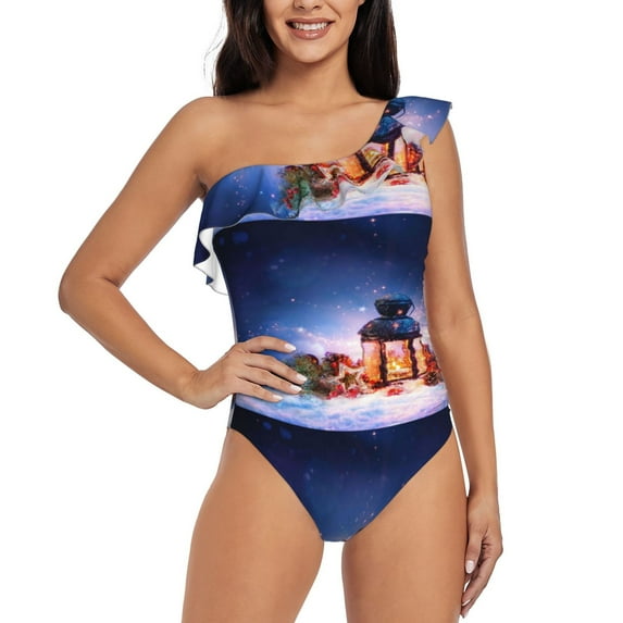 Wukai Lantern On Snow With Christmas Chic One Shoulder Swimwear with Ruffle Design and Tummy Control Skirt: Fashionable, Supportive, Comfortable for Beach-Medium