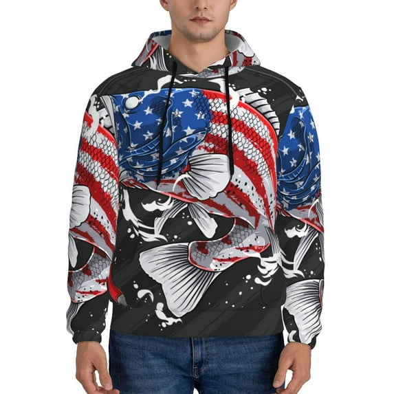 Wukai Largemouth Bass Fish in USA Print Men Hoodies Fleece Sweatshirts Long Sleeve Sweaters Pullover Fall Outfits Winter Clothes-Small