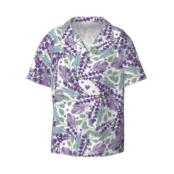 Wukai Lavender Flowers Men's Casual Short-Sleeve Button Down Shirt - Lightweight Summer Dress Shirt for Daily Wear-3X-Large