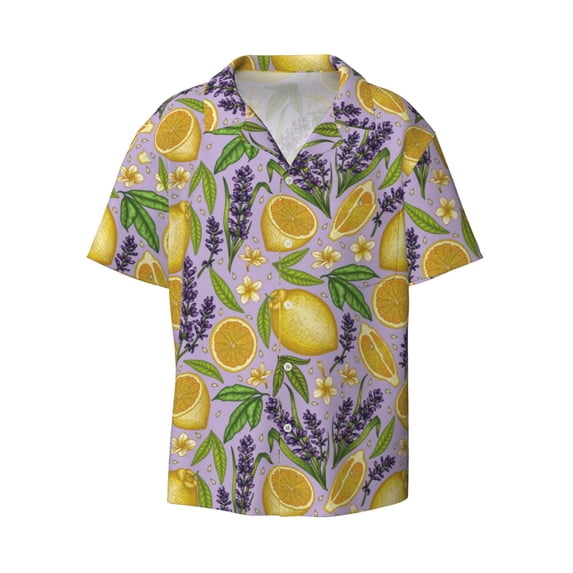 Wukai Lavender Flowers Men's Casual Short-Sleeve Button Down Shirt - Lightweight Summer Dress Shirt for Daily Wear-X-Large
