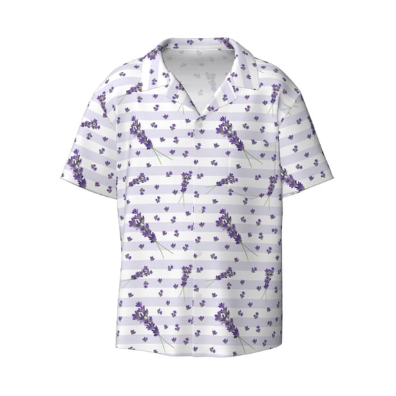 Wukai Lavender Flowers Men's Casual Short-Sleeve Button Down Shirt - Lightweight Summer Dress Shirt for Daily Wear-X-Large