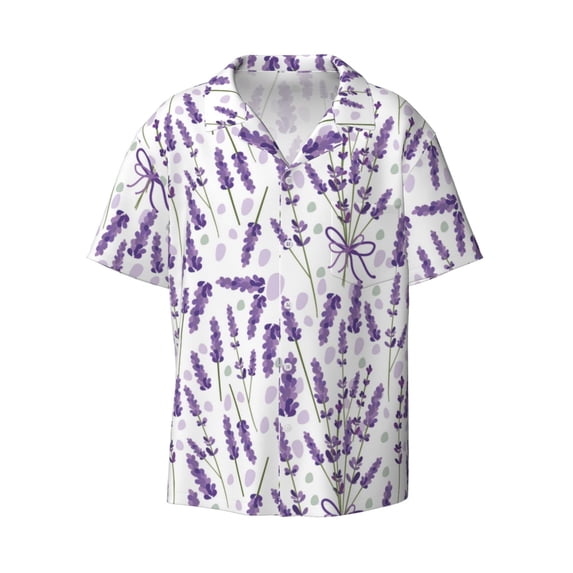 Wukai Lavender Flowers Men's Casual Short-Sleeve Button Down Shirt - Lightweight Summer Dress Shirt for Daily Wear-XX-Large