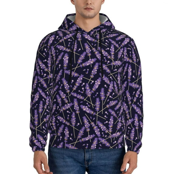 Wukai Lavender Flowers Print Men Hoodies Fleece Sweatshirts Long Sleeve Sweaters Pullover Fall Outfits Winter Clothes-Medium