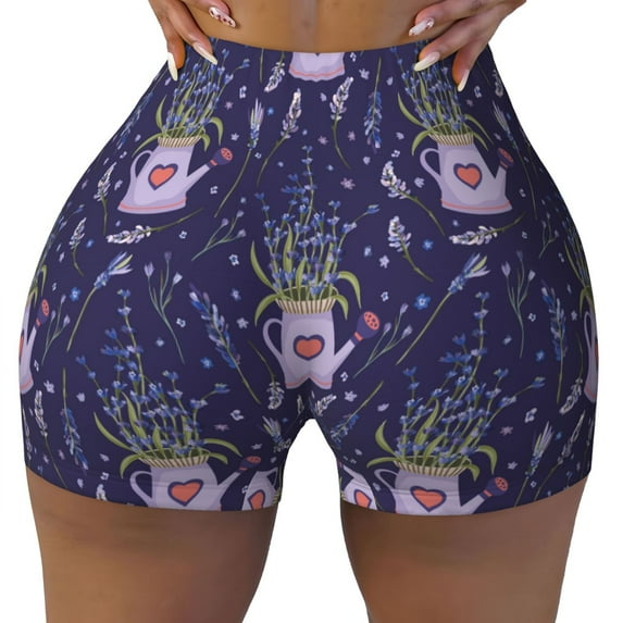Wukai Lavender Flowers Print Pack Biker Shorts for Women Yoga Workout Gym Running Scrunch Active Shorts-XX-Large