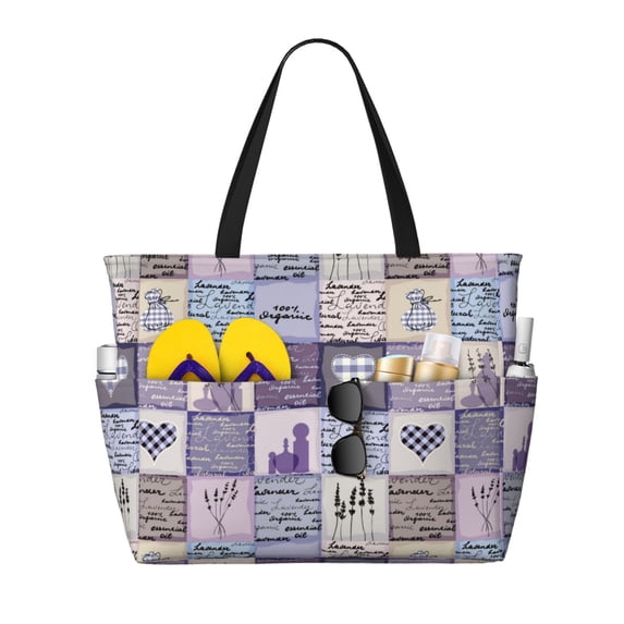 Wukai Lavender Flowers Print Zipper Bag,large Beach Tote Bag,Waterproof Sandproof Bag,Grocery and Picnic Tote Travel Bag