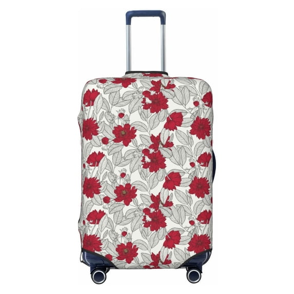Wukai Leaves And Anemone Flowers In Red Grey Elastic Luggage Cover: Personalized Protection for Your Suitcase - Fits 19~29-inch, Washable & Durable Travel Companion-Medium