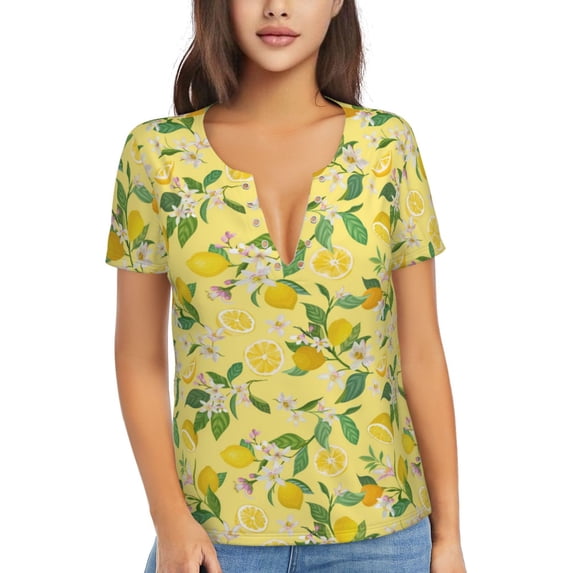 Wukai Lemon (2) Casual V-Neck Graphic Tees for Women: Lightweight and Breathable Summer Tops with Stylish Design-Small