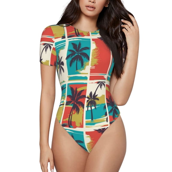 Naloa Colorful Hawaii Palms Women's Short-Sleeved Onesie, One-Piece Swimsuit for Parties, dates, clubs - XX-Large