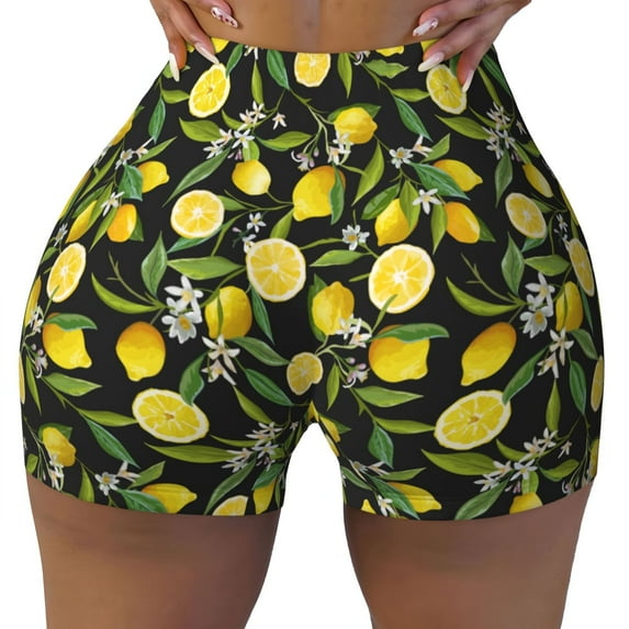 Wukai Lemon Fruits Flowers Leaves Print Pack Biker Shorts for Women Yoga Workout Gym Running Scrunch Active Shorts-XX-Large