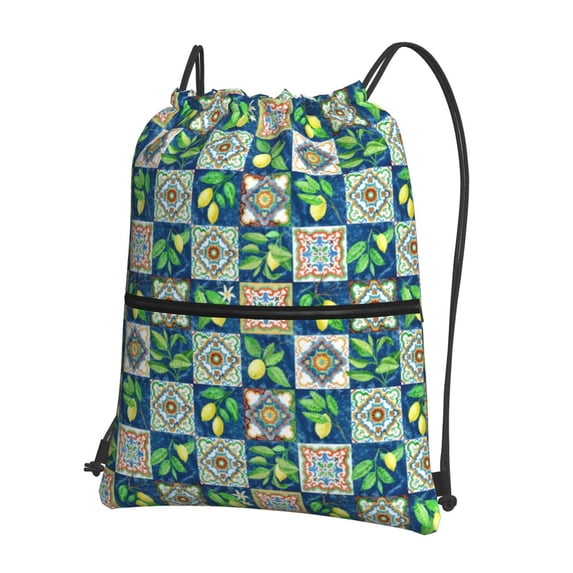 Wukai Lemon and Leaves Waterproof Drawstring Backpack with Zipper Pocket,Large Foldable Gym Bag for Women and Men, Perfect for Sports, Yoga, and Travel