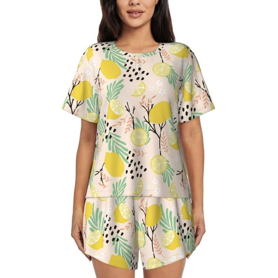 Wukai Lemon Leaves Women's Pajama Set,Short-Sleeve Top and Shorts with Elastic Waistband and Pockets for Loungewear, Yoga, and Casual Wear-3X-Large