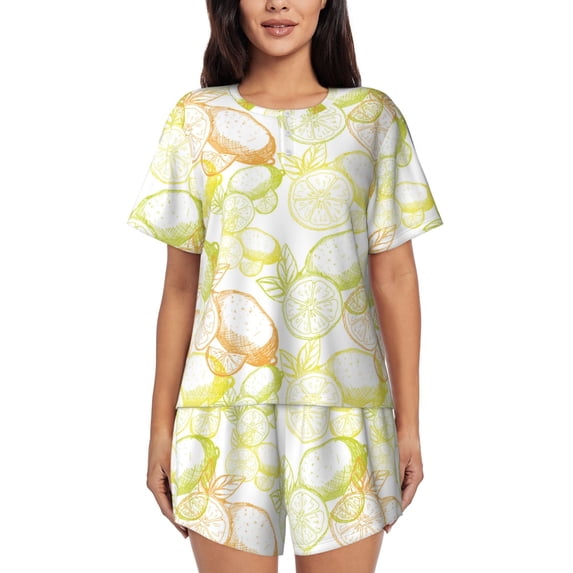 Wukai Lemon Potatoes Print Women's Pajama Set - Short-Sleeve Top and Shorts with Elastic Waistband and Pockets for Loungewear, Yoga, and Casual Wear-XX-Large