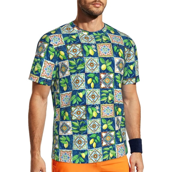 Wukai Lemon and Leaves Print Men's Short-Sleeved Mesh T-Shirt,Quick-Dry Short Sleeve Workout T-Shirt-