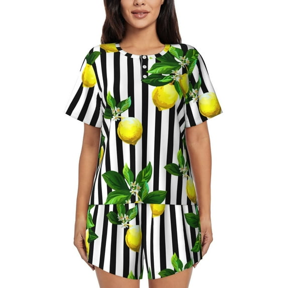 Wukai Lemons on Striped Print Women's Pajama Set - Short-Sleeve Top and Shorts with Elastic Waistband and Pockets for Loungewear, Yoga, and Casual Wear-Medium