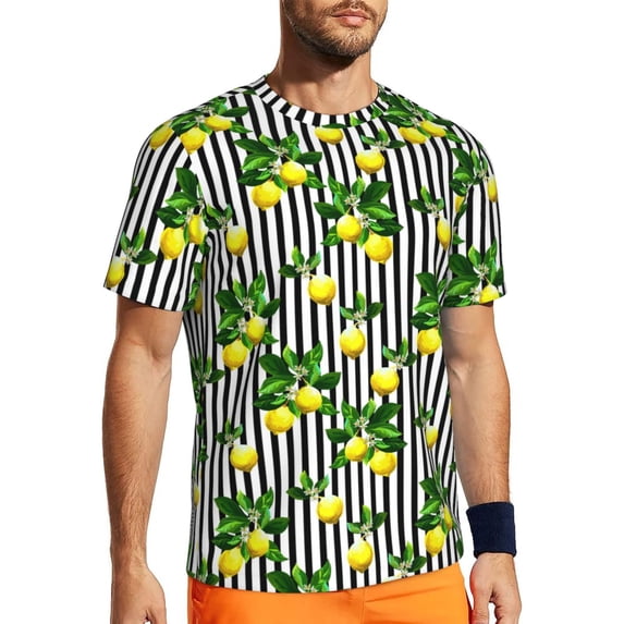Wukai Lemons on Striped Print Men's Short-Sleeved Mesh T-Shirt,Quick-Dry Short Sleeve Workout T-Shirt-6X-Large