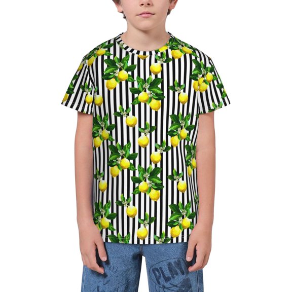 Wukai Lemons on Striped Youth Unisex Short Sleeve T-Shirt for Boys, Girls, Teens, and Kids-X-Small