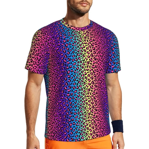 Wukai Leopard Neon Rainbow Gradient Print Men's Short-Sleeved Mesh T-Shirt,Quick-Dry Short Sleeve Workout T-Shirt-Small