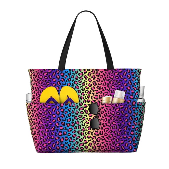 Wukai Leopard Neon Rainbow Gradient Print Zipper Bag,large Beach Tote Bag,Waterproof Sandproof Bag,Grocery and Picnic Tote Travel Bag