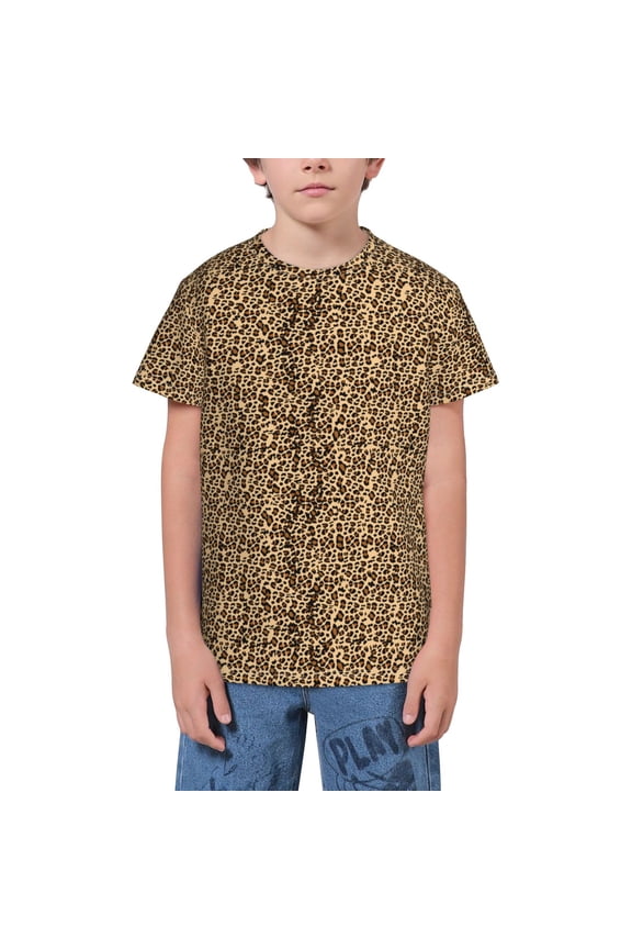 Leopard Print Brown Youth Unisex Short Sleeve T-Shirt for Boys, Girls, Teens, and Kids-X-Small
