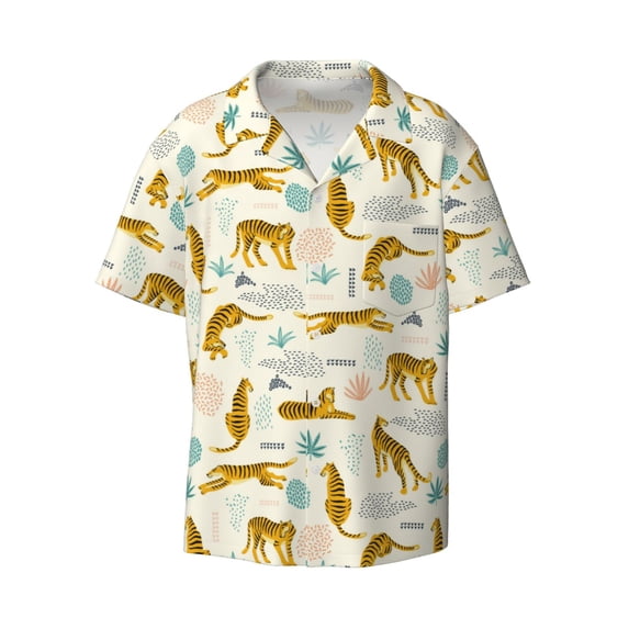 Wukai Leopard Print Men's Casual Short-Sleeve Button Down Shirt - Lightweight Summer Dress Shirt for Daily Wear-