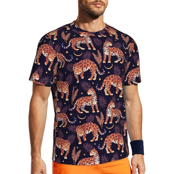Wukai Leopard Print Print Men's Short-Sleeved Mesh T-Shirt,Quick-Dry Short Sleeve Workout T-Shirt-Medium