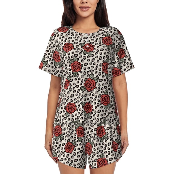Wukai Leopard Print Rose Print Women's Pajama Set - Short-Sleeve Top and Shorts with Elastic Waistband and Pockets for Loungewear, Yoga, and Casual Wear-3X-Large
