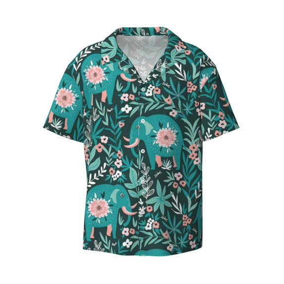 Wukai Lephants in the Jungle Men's Casual Short-Sleeve Button Down Shirt - Lightweight Summer Dress Shirt for Daily Wear-4X-Large