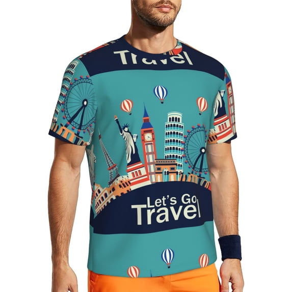 Wukai Let's go Travel Print Men's Short-Sleeved Mesh T-Shirt,Quick-Dry Short Sleeve Workout T-Shirt-Medium