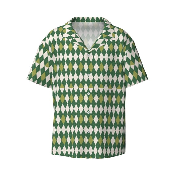 Wukai Light Green Squares Men's Casual Short-Sleeve Button Down Shirt - Lightweight Summer Dress Shirt for Daily Wear-3X-Large