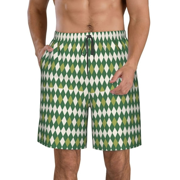 Wukai Light Green Squares Print Beach Trunks with Compression Liner Swimsuit Quick Dry Beach Sports Shorts with Pocket-Large
