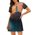 thumbnail image 1 of Wukai Lighthouse At Sunset Coast Print Women's Loose Short Sleeve Nightgown, Soft Sleep Dress for Comfortable Relaxation, Casual Lounge Wear, 1 of 6
