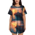 thumbnail image 1 of Wukai Lighthouse At Sunset Coast Print Women's Pajama Set - Short-Sleeve Top and Shorts with Elastic Waistband and Pockets for Loungewear, Yoga, and Casual Wear-XX-Large, 1 of 6