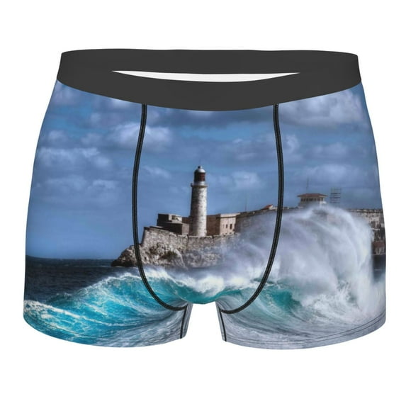 Wukai Lighthouse in Havana Print Men’s Underwear Breathable Boxer Briefs, Moisture Wicking & Breathable-Large
