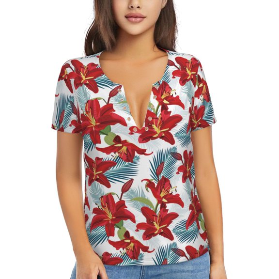 Wukai Lilies Flowers Casual V-Neck Graphic Tees for Women: Lightweight and Breathable Summer Tops with Stylish Design-Small