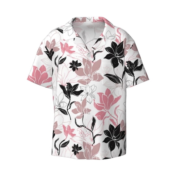 Wukai Lilies Flowers Men's Casual Short-Sleeve Button Down Shirt - Lightweight Summer Dress Shirt for Daily Wear-3X-Large