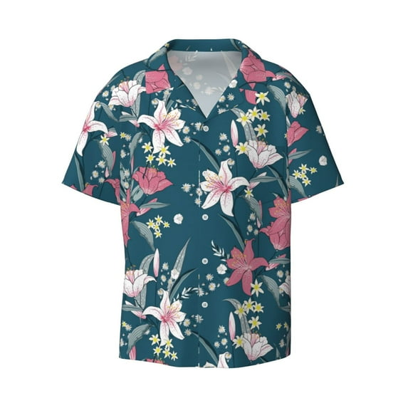 Wukai Lilies Flowers Men's Casual Short-Sleeve Button Down Shirt - Lightweight Summer Dress Shirt for Daily Wear-4X-Large