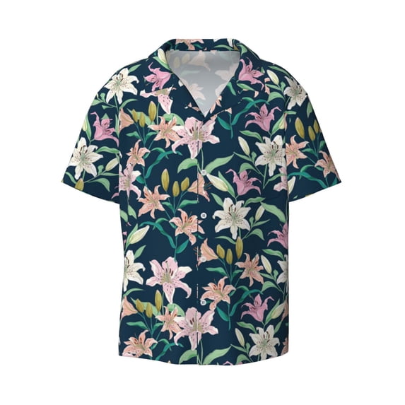 Wukai Lilies Flowers Men's Casual Short-Sleeve Button Down Shirt - Lightweight Summer Dress Shirt for Daily Wear-Small