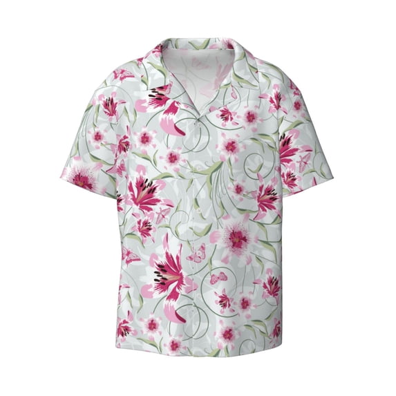 Wukai Lilies Flowers Men's Casual Short-Sleeve Button Down Shirt - Lightweight Summer Dress Shirt for Daily Wear-XX-Large