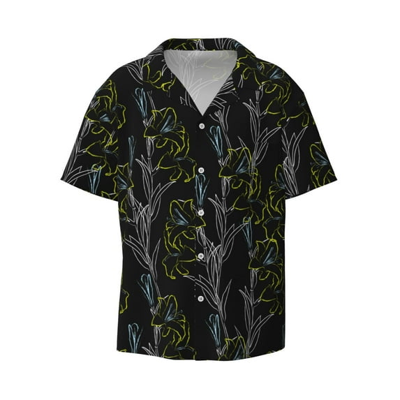 Wukai Lilies Flowers Men's Casual Short-Sleeve Button Down Shirt - Lightweight Summer Dress Shirt for Daily Wear-