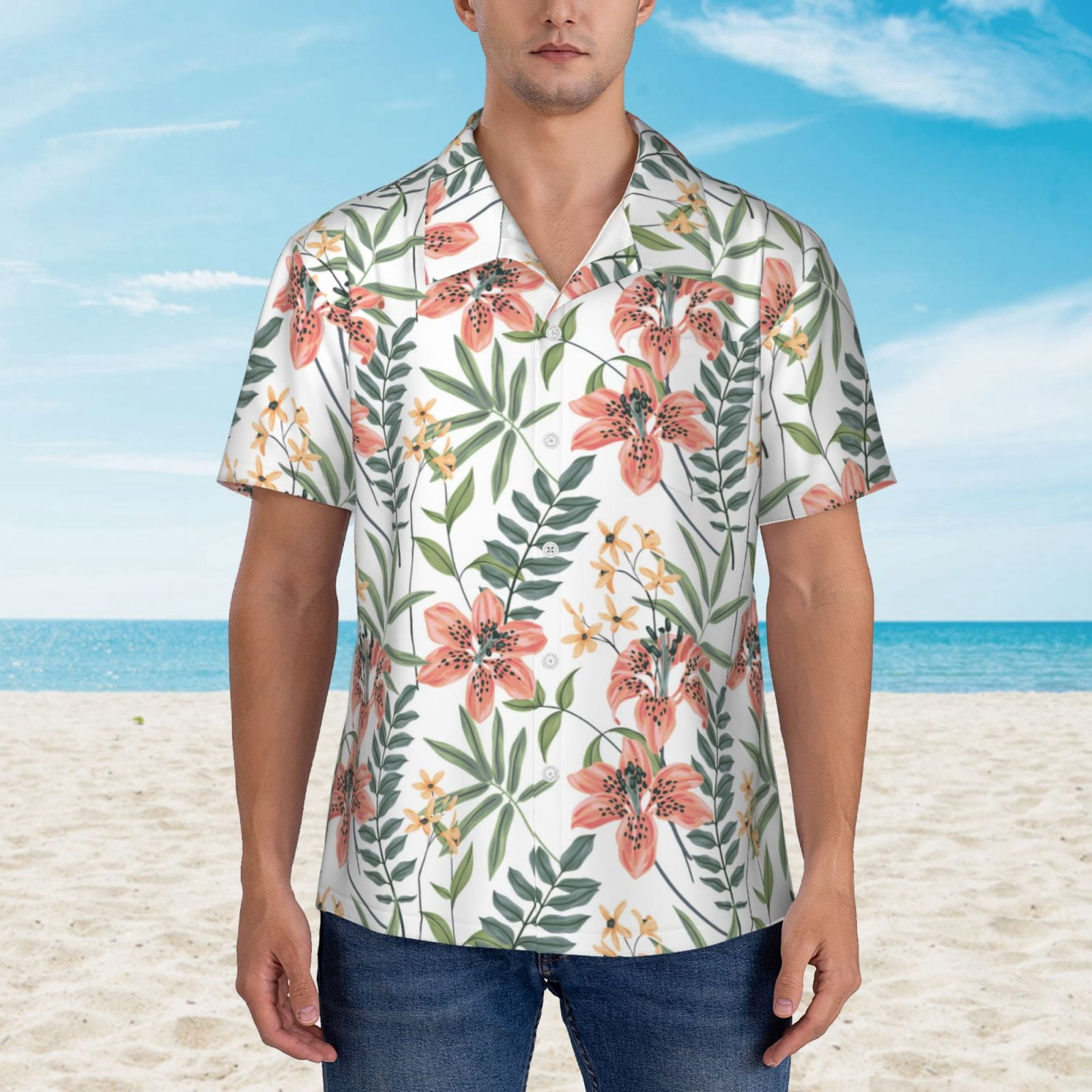 VISESUNNY Men's Hawaiian Shirt - Short Sleeve Button Down, Flower Chamomile & Bee Print, Quick Dry, Lightweight, For Beach, Vacation, Casual Wear
