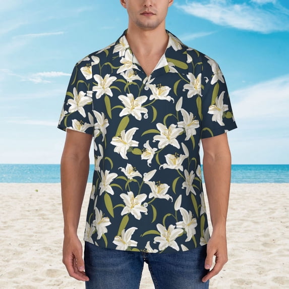 Wukai Lilies Flowers Men's Hawaiian Shirt Short Sleeve Casual Button Down Summer Beach Aloha Shirt Tropical Print Holiday Party