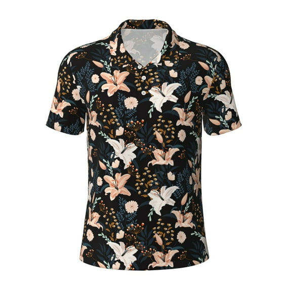 Wukai Lilies Flowers Men’s Polo Shirts,Quick-Dry Athletic Shirt,Classic Fit Shirts-XX-Large