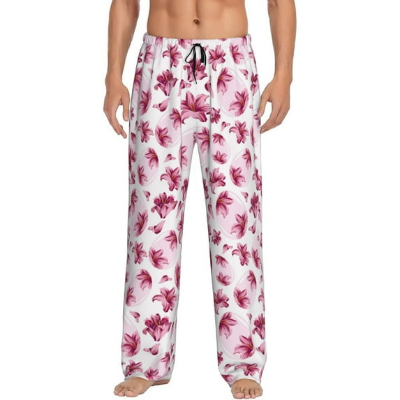 Wukai Lilies Flowers Mens PJ Pajama Pants|Sleepwear Plaid PJs with Pockets|Men's Lightweight Open-Hem Lounge Pants-Small