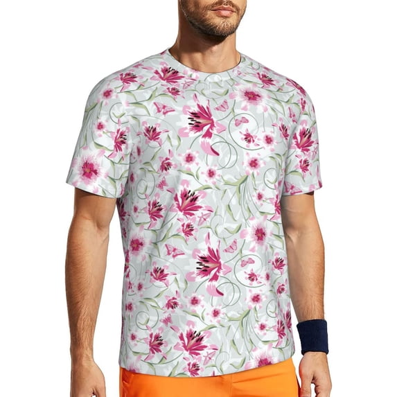 Wukai Lilies Flowers Print Men's Short-Sleeved Mesh T-Shirt,Quick-Dry Short Sleeve Workout T-Shirt-5X-Large