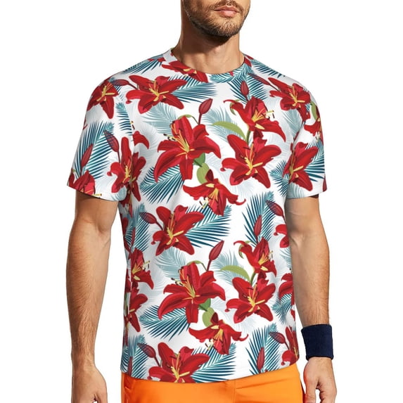 Wukai Lilies Flowers Print Men's Short-Sleeved Mesh T-Shirt,Quick-Dry Short Sleeve Workout T-Shirt-5X-Large