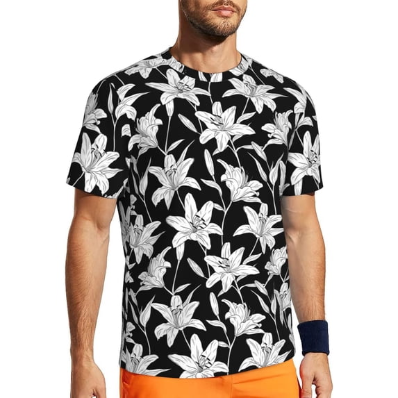 Wukai Lilies Flowers Print Men's Short-Sleeved Mesh T-Shirt,Quick-Dry Short Sleeve Workout T-Shirt-6X-Large
