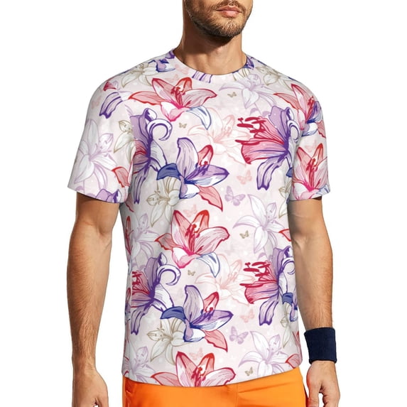 Wukai Lilies Flowers Print Men's Short-Sleeved Mesh T-Shirt,Quick-Dry Short Sleeve Workout T-Shirt-6X-Large